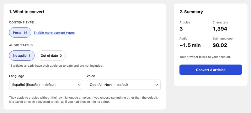 xtAudio Convert articles screen, with the summary of articles, minutes of audio and the estimated cost.