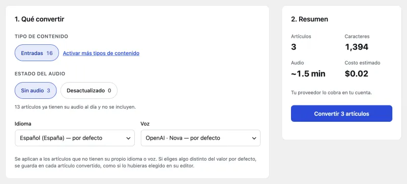 Pantalla Convertir artículos de xtAudio, con el resumen de artículos, minutos de audio y el costo estimado.