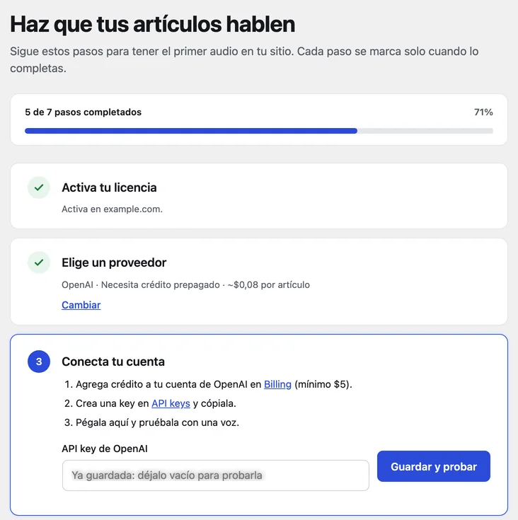 Pantalla Primeros pasos de xtAudio, con la licencia activa en este sitio y la lista de pasos.