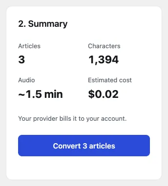 xtAudio Convert articles summary with the estimated cost.