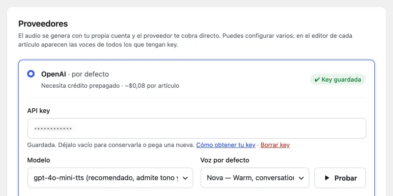 Ajustes → Proveedor y voz de xtAudio: el proveedor, el modelo, la voz por defecto y el botón Probar.